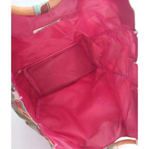 VTG Neiman Marcus Fashion Diva Green Cotton Print Tote Bamboo Ring Handle - Picture 5 of 11